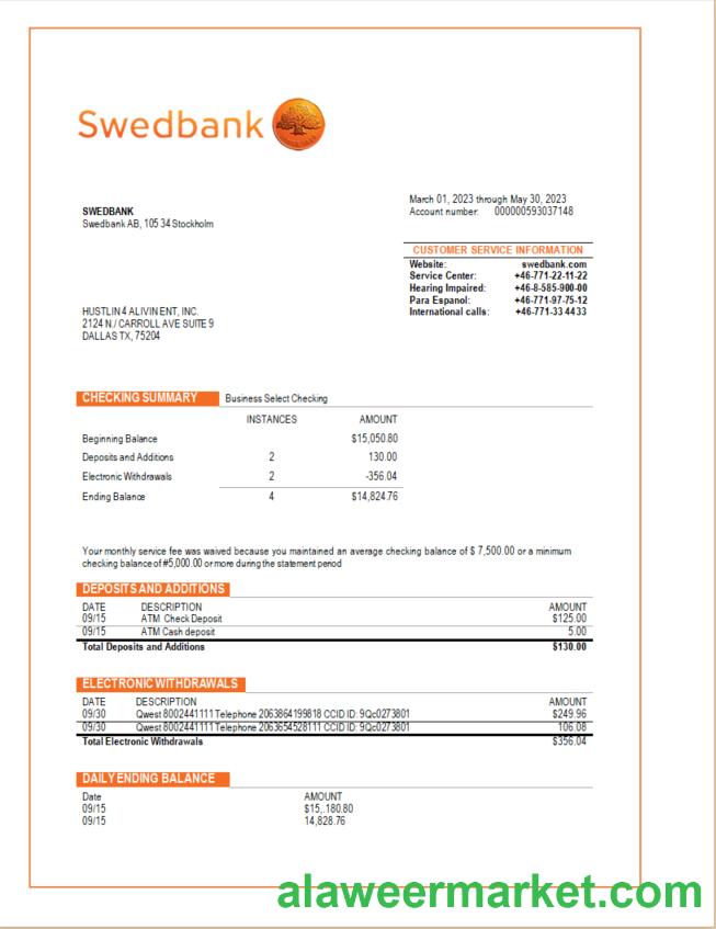 Swedbank business checking account statement Word and PDF template